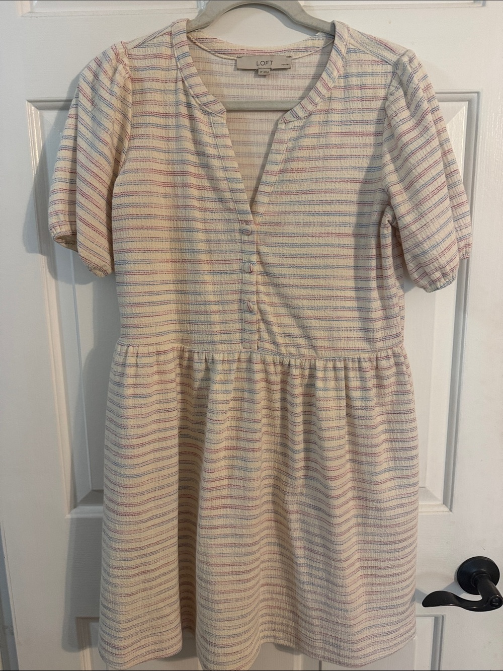 LOFT Cream Dress with Pastel Pink, Blue, Lavender Stripes